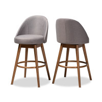 Baxton Studio BBT5355B-Grey/Walnut-BS Carra Mid-Century Modern Grey Fabric Upholstered Walnut-Finished Wood Swivel Bar Stool Set of 2